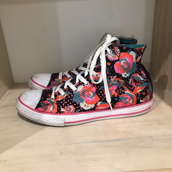 Converse Shoes - Converse Black/Pink Floral High Tops In Size 6